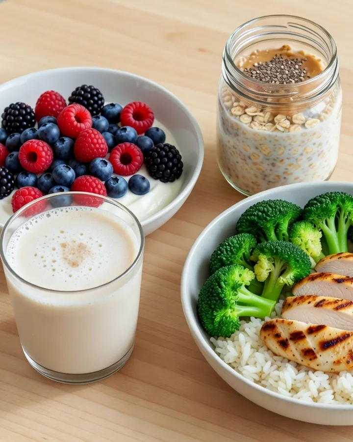 Eiweißreiche Fitness-Gerichte und Protein-Shake appetitlich angerichtet